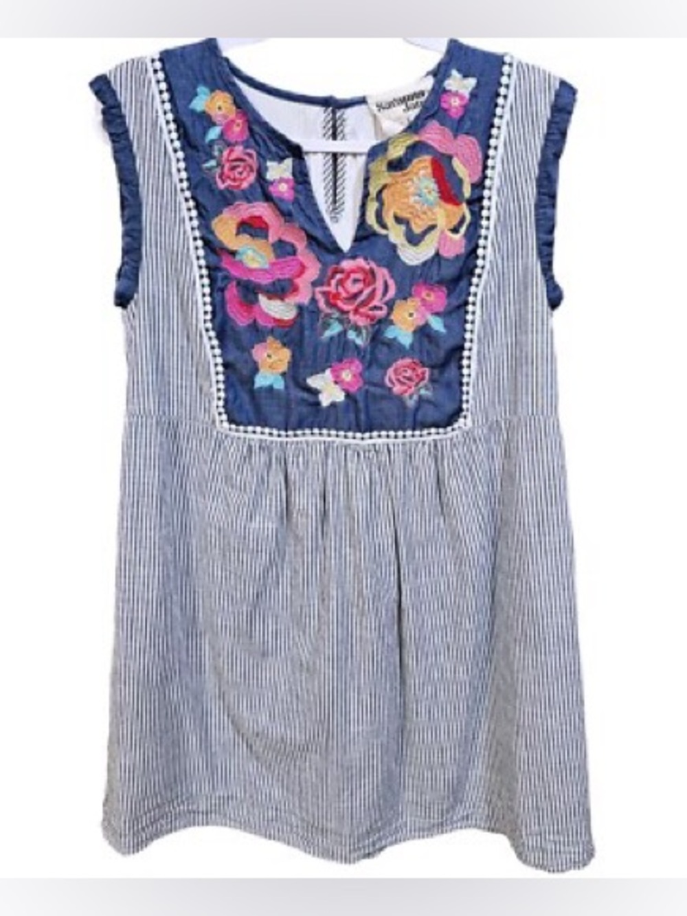 Savanna Jane blue striped floral embroidered tunic sleeveless tank dress medium